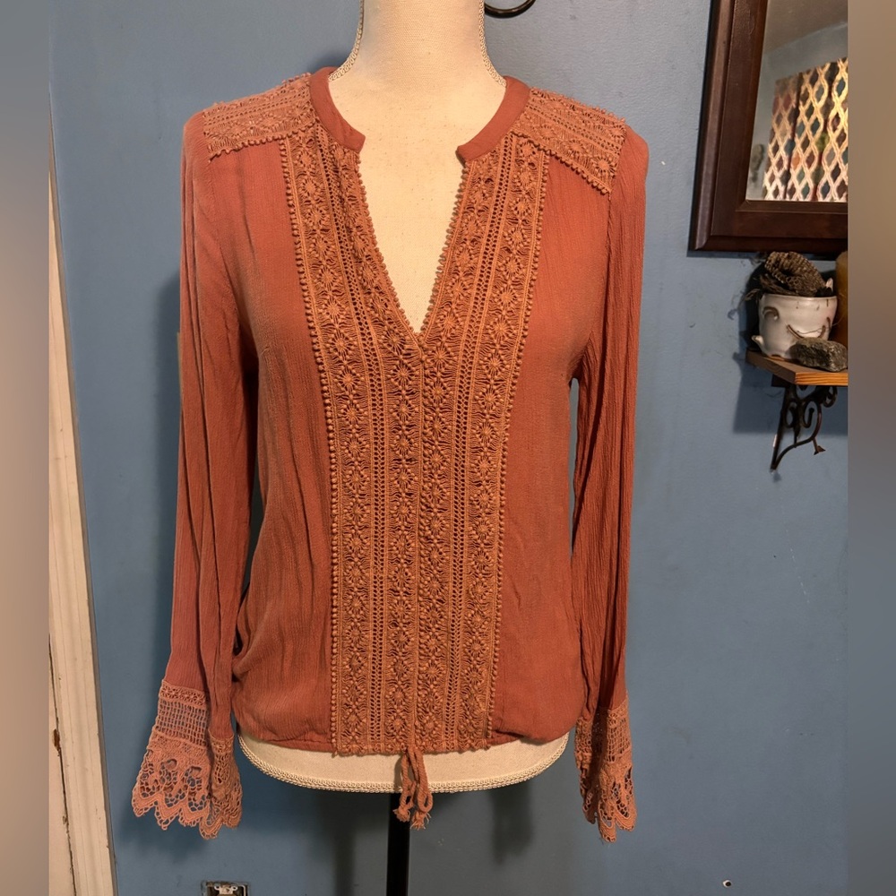 Derek Heart, Peach, Embroidered, BoHo Top